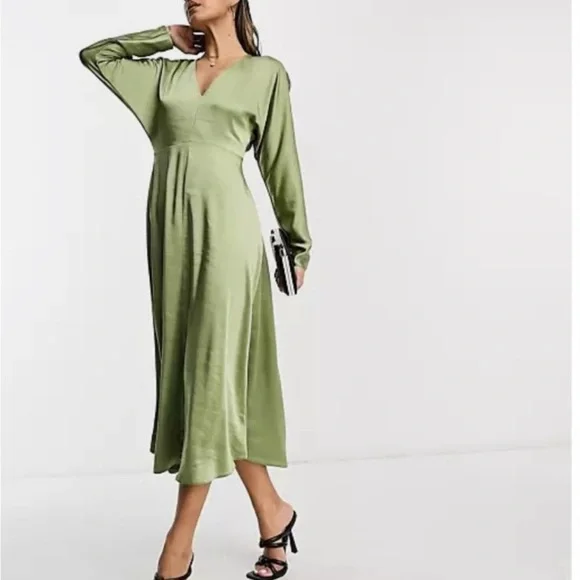 ASOS Olive Green Midi Dress with V-Neck - Picture 1 of 5